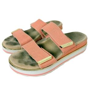 Vionic Women's Pink Linen Slip On Slide Platform Sandals
